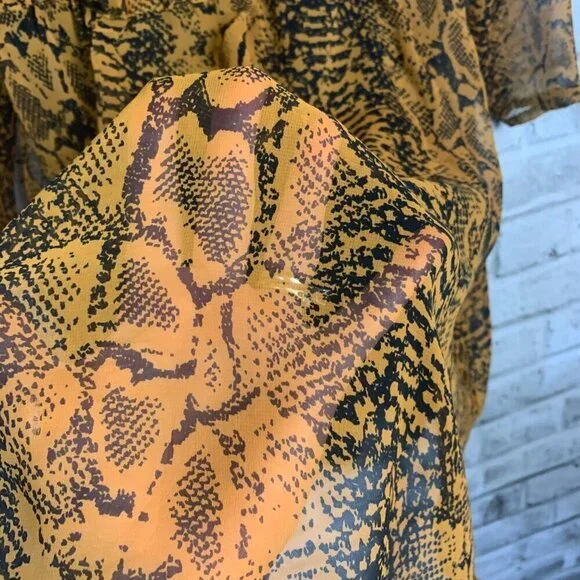 Ichi Day Dress Snakeskin Print Flowy Sheer Chiffon V-Neck Long Sleeve - Picture 6 of 12